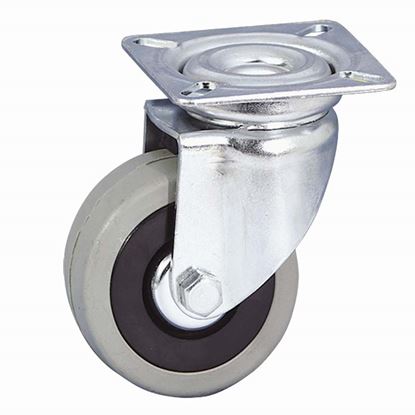 Immagine di RUOTA IN GOMMA GRIGIA, NUCLEO IN POLIPROPILENE C/PARAFILI, SUPPORTO ROTANTE C/ATTACCO A PIASTRA, Ø40 MM, PORTATA 30 KG