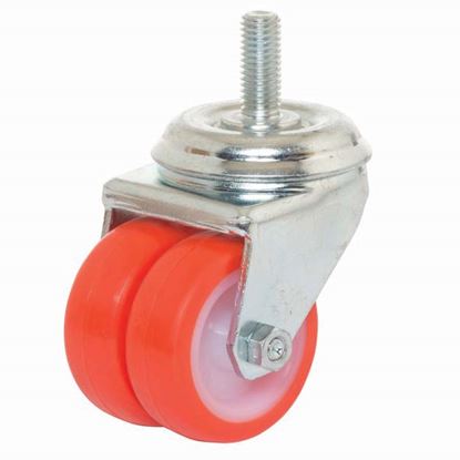 Immagine di RUOTE GEMELLATE IN POLIURETANO INIETTATO, Ø 50X18 MM, PORTATA 140 KG, SUPPORTO ROTANTE CODOLO PER ALTA PORTATA CON FRENO