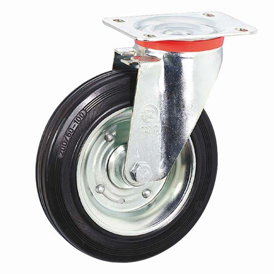 Immagine di RUOTA IN GOMMA NERA, SUPPORTO ROTANTE PIASTRA, PORTATA 130 KG, Ø 125 MM