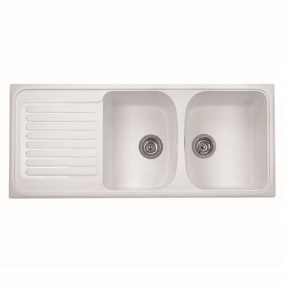 Immagine di LAVELLO HARMONY, 2 VASCHE, CON GOCCIOLATOIO, REVERSIBILE, MATERIALE COMPOSITO ULTRAQUARTZ, 116X50 CM, COLORE BIANCO