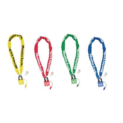 Immagine di CATENA ACCIAIO, CM 90 X Ø 6 MM, LUCCHETTO 40 MM, 2 CHIAVI, GUAINA NYLON, COLORI: 2 BLU, 2 ROSSI, 1 VERDE, 1 GIALLO