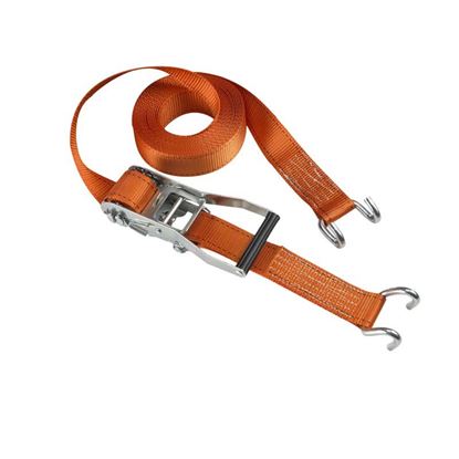 Immagine di CINGHIA A CRICCHETTO, 9 MT, DOPPIO GANCIO A J APERTO, COLORE ARANCIO, RESISTENZA 1250 KG
