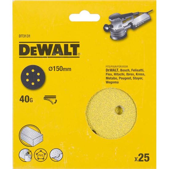 Immagine di DISCO ABRASIVO DEWALT, PER LEVIGATRICE ROTORBITALE, FORATO, FISSAGGIO CON VELCRO, Ø 150 MM, 25 DISCHI, GRANA 40