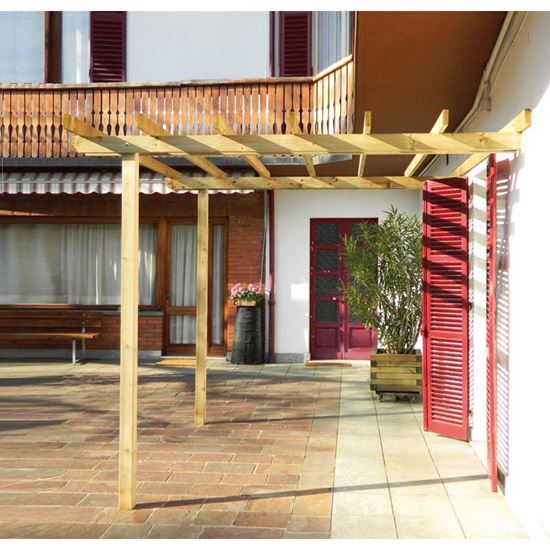 Immagine di PERGOLA BASIC, STRUTTURA ADDOSSATA, IN PINO IMPREGNATO, TRAVETTI 35X115 MM, MONTANTI 90X90 MM, 3X3XH2,5 MT