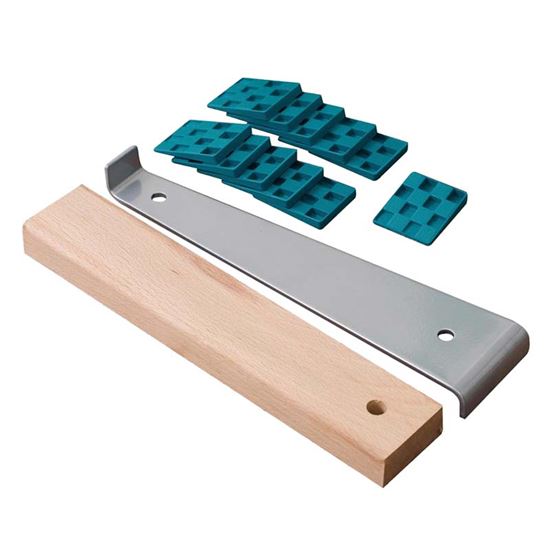 Immagine di BARRA DI TRAZIONE, PER POSIZIONARE LE FILE DI LAMINATI E PARQUET, KIT CON MAZZA IN LEGNO E 20 CUNEI IN PLASTICA