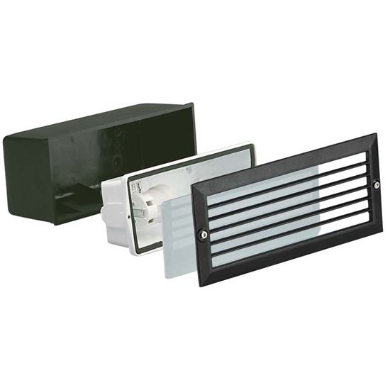 Immagine di FARETTO SEGNA PASSO WALKING, GRIGLIA FRANGILUCE, DIFFUSORE VETRO SAT.BIANCO, IP54, E27-40 W, 23,3XH10,1 CM, COLORE NERO