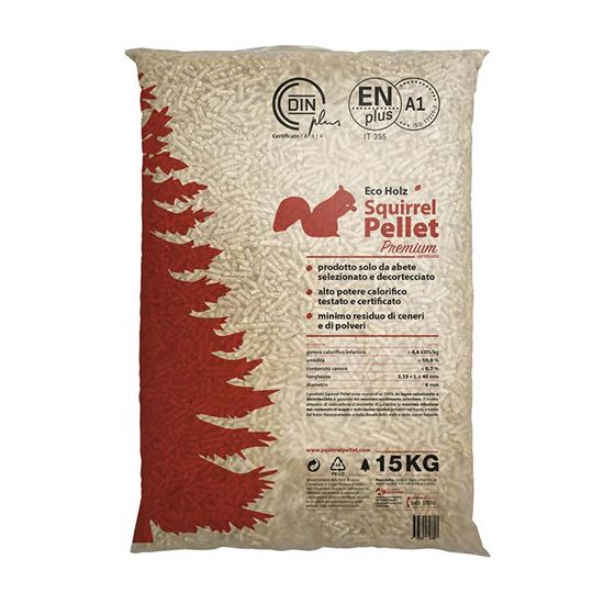 Immagine di PELLET SQUIRREL, 100% LEGNO DI PURO ABETE, CERTIFICATO EN PLUS A1 E DIN PLUS, POTERE CALORIFICO >= 4,6 KWH/KG, RESIDUO CENERI <= 0,7%, CONF. 15 KG