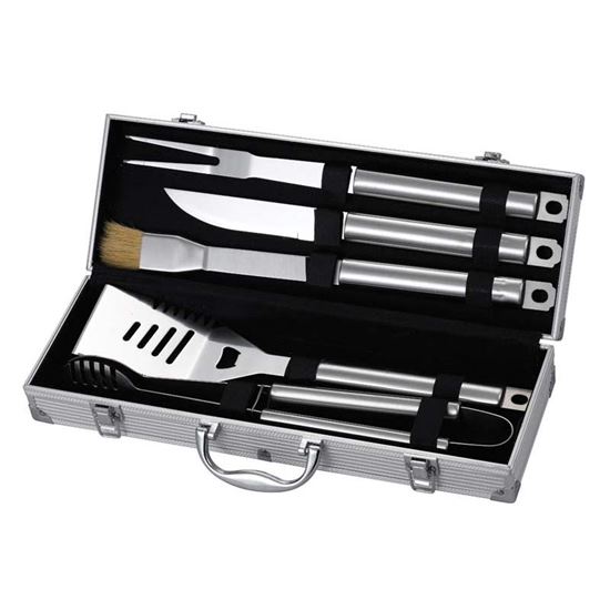 Immagine di SET 5 ACCESSORI BARBECUE IN ACCIAIO INOX, IN VALIGETTA DI ALLUMINIO, COMPOSTO DA PALETTA 40 CM, PINZA 40 CM, PENNELLO 40
