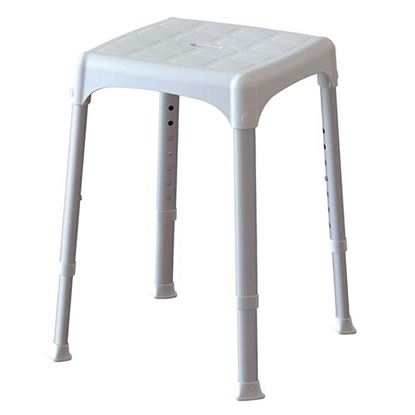 Immagine di SGABELLO REGOLABILE DA BAGNO, SEDUTA IN TECNOPOLIMERI, ANTISCIVOLO, FORATA GAMBE IN ALLUMINIO TELESCOPICHE DA 39 A 54 CM