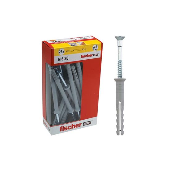 Immagine di TASSELLI NYLON FISCHER, 25 PEZZI CON VITE A PERCUSSIONE, N 6X60 MM
